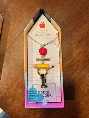 Teacher Badge Holder Necklace with Red Apple & Yellow Pencil Charm
